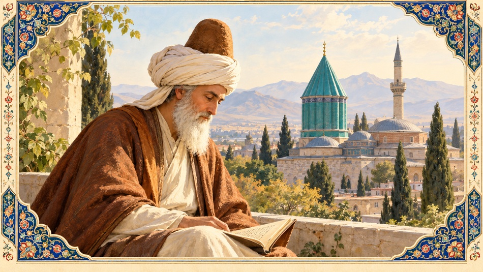 Rumi in Konya, illustrating the life, poetry, and spiritual journey of the Persian poet Jalal al-Din Rumi.